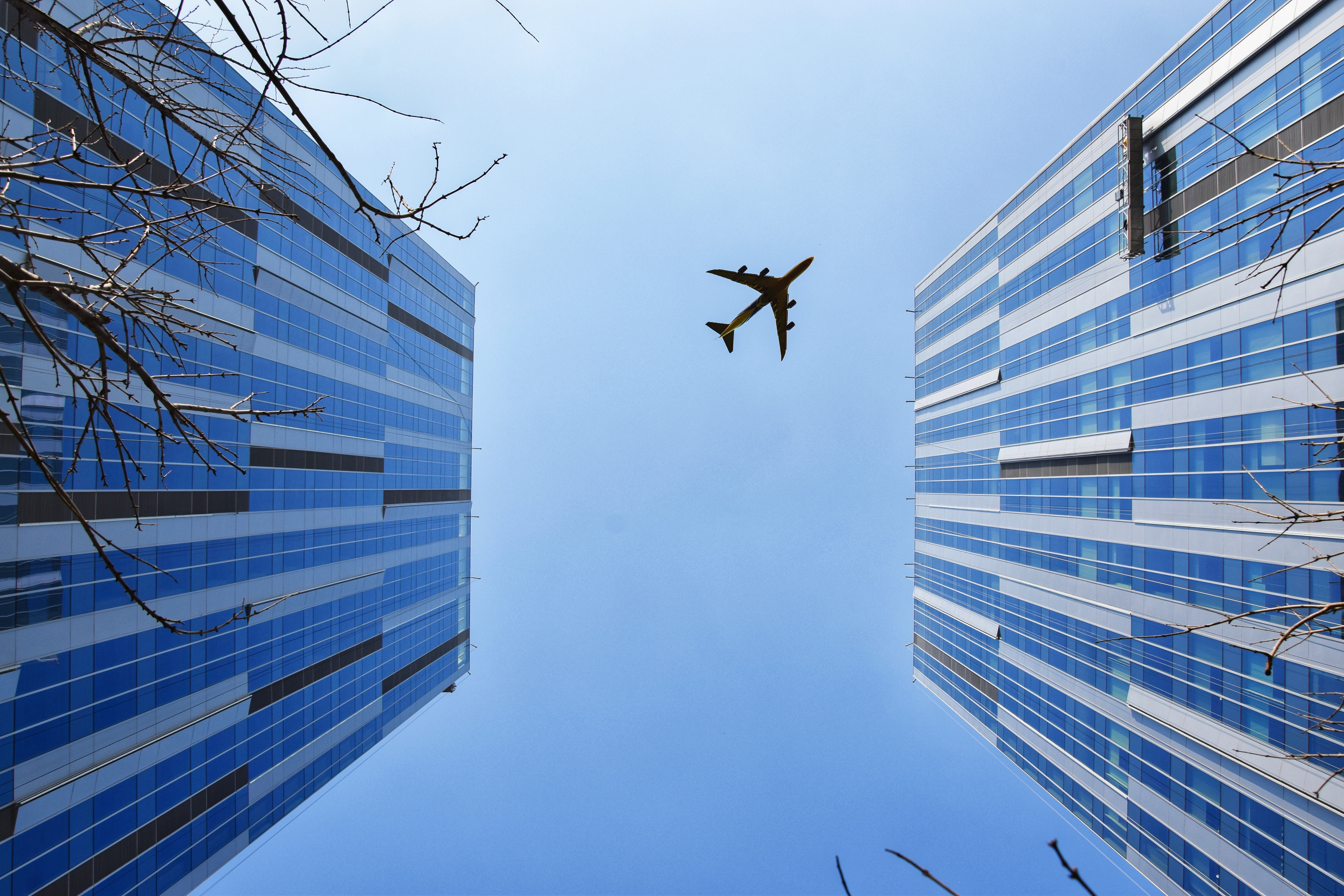 Airplane between Two Glass Building